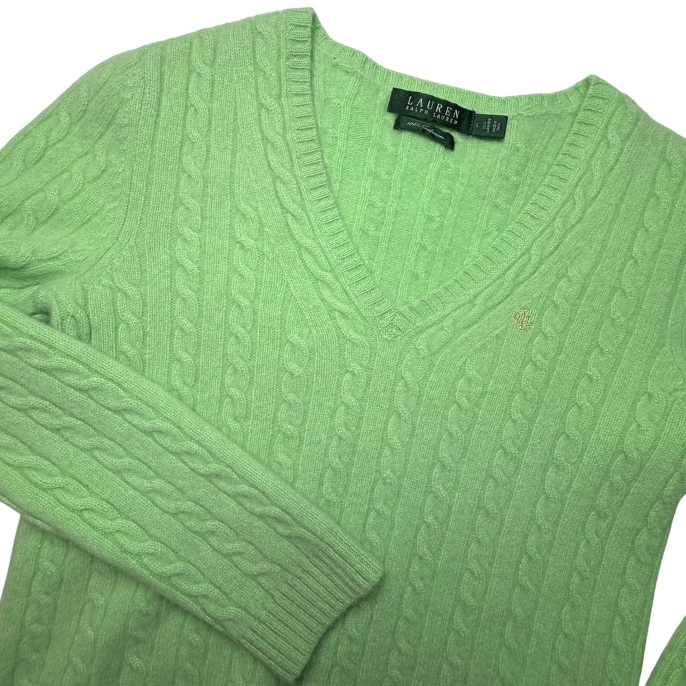 Lauren Ralph Lauren Womens Small Green Cable Knit Cashmere Sweater Preppy